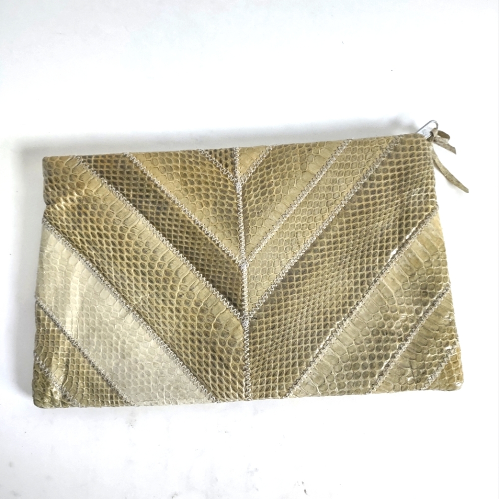 Sylvia Cee‎ Vintage 80s Olive Green Snakeskin Clutch Purse Zip Closure Patchwork